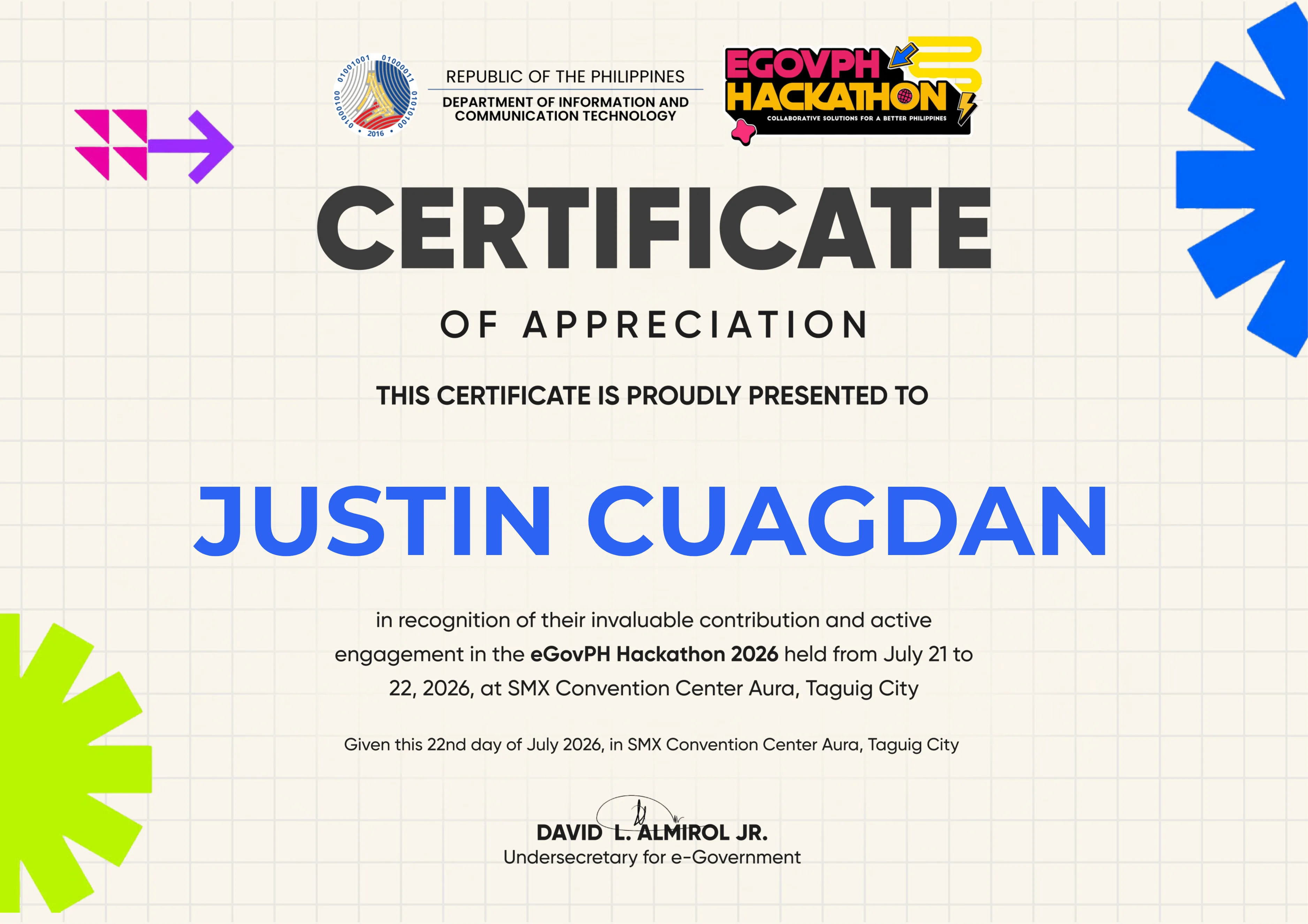 eGovPH Hackathon 2026 certificate of appreciation for Justin Cuagdan
