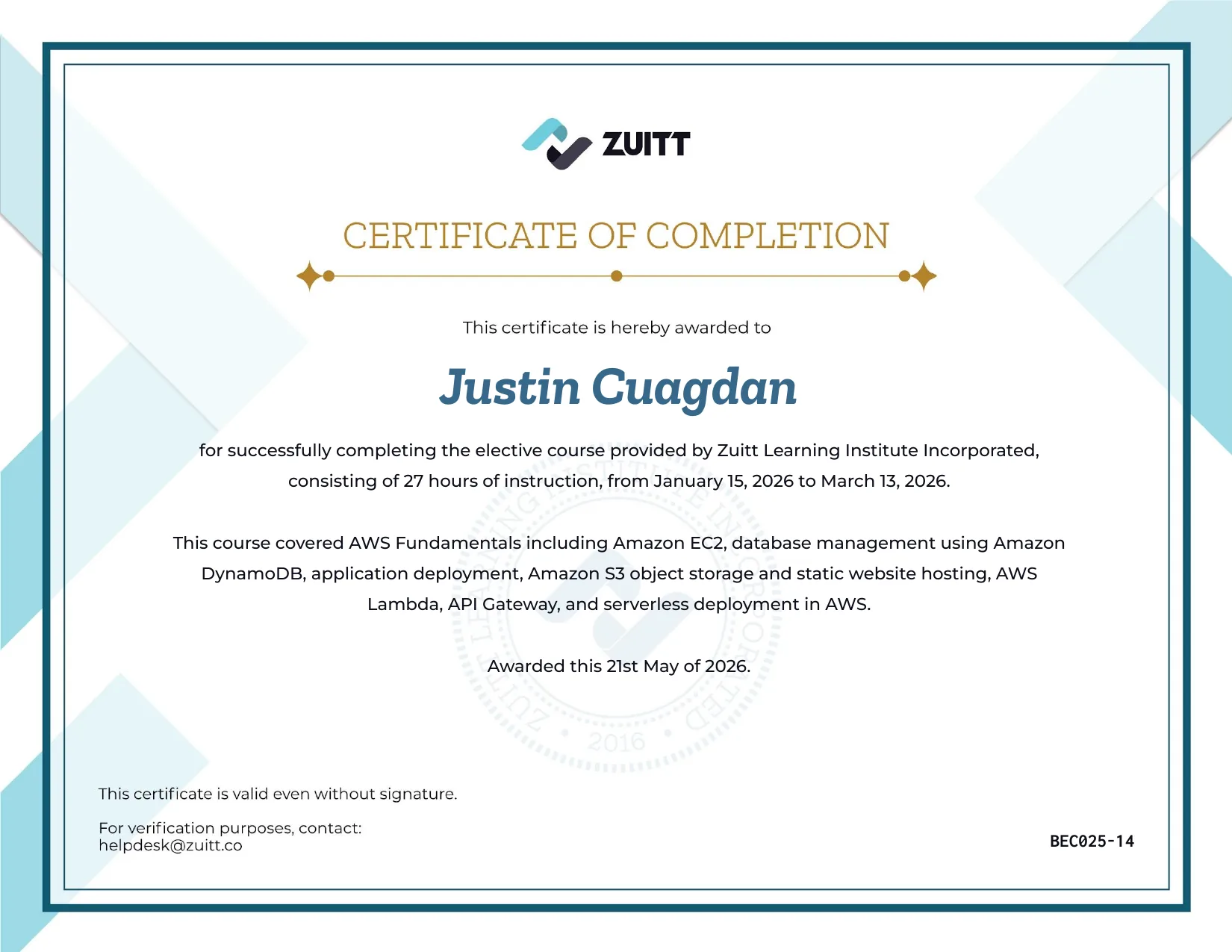Zuitt AWS Fundamentals certificate for Justin Cuagdan