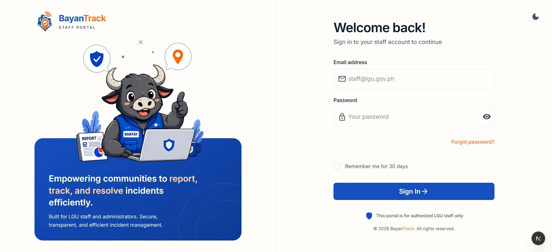 BayanTrack staff portal sign-in screen